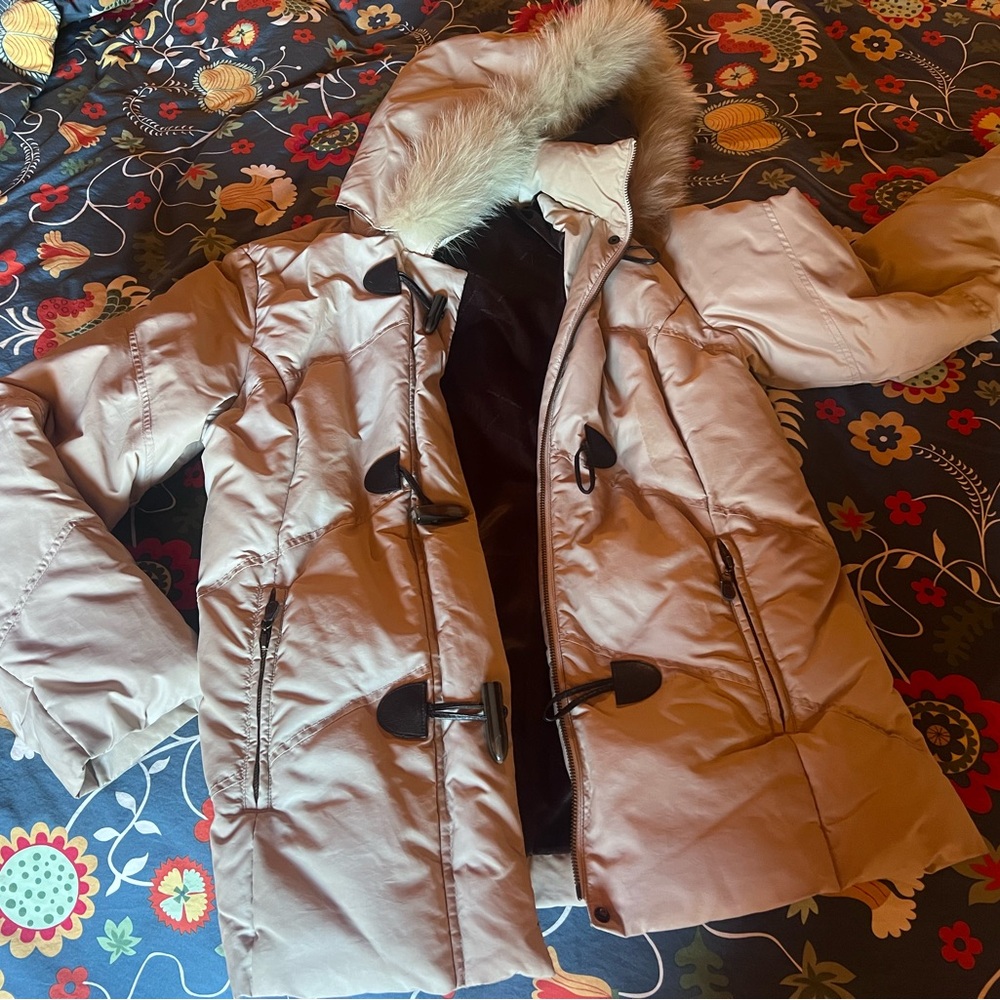 Dana Buchman Cream Puffer Coat with Faux Fur Hood